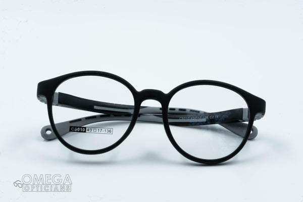 Round, matte black frame