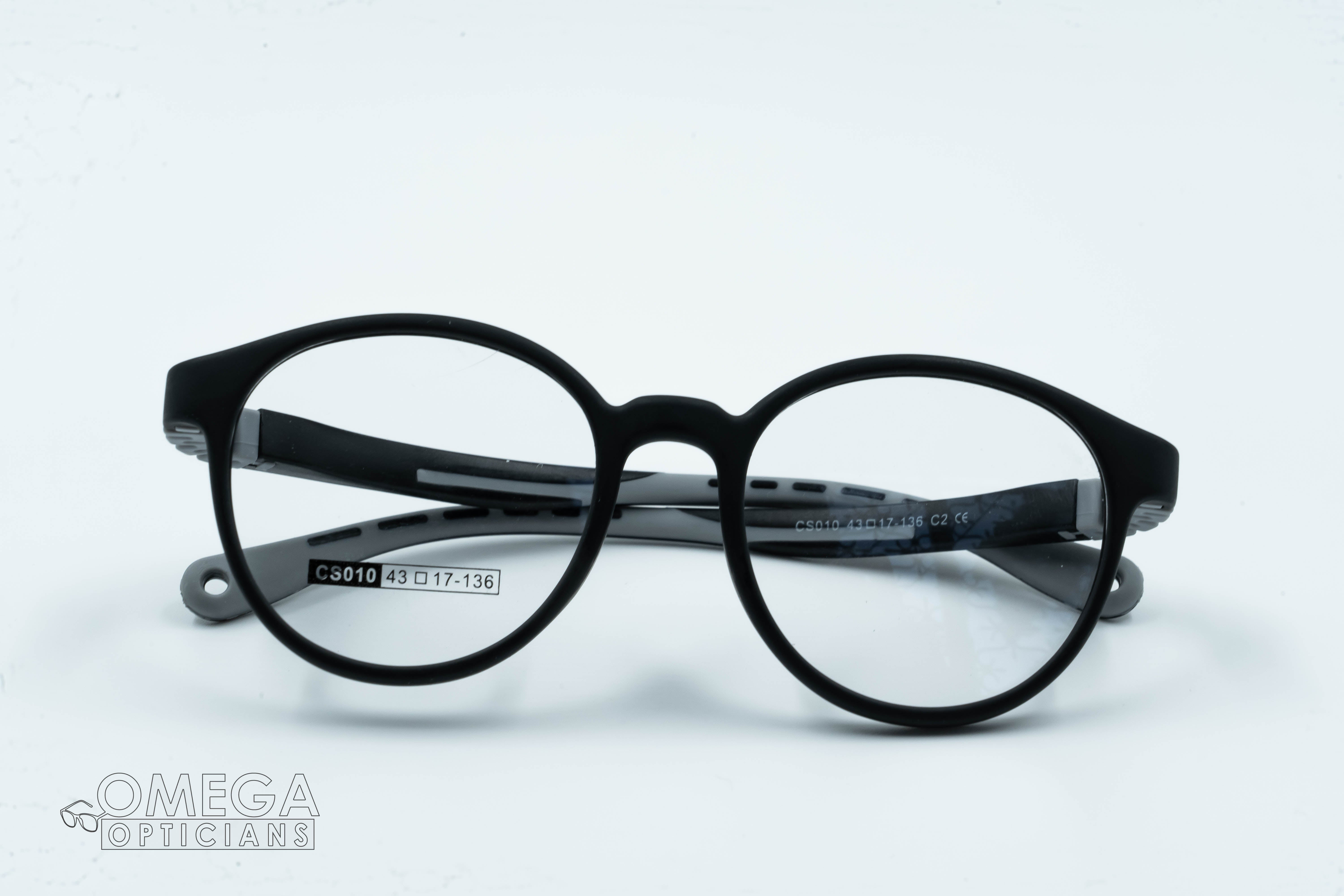 Round, matte black frame