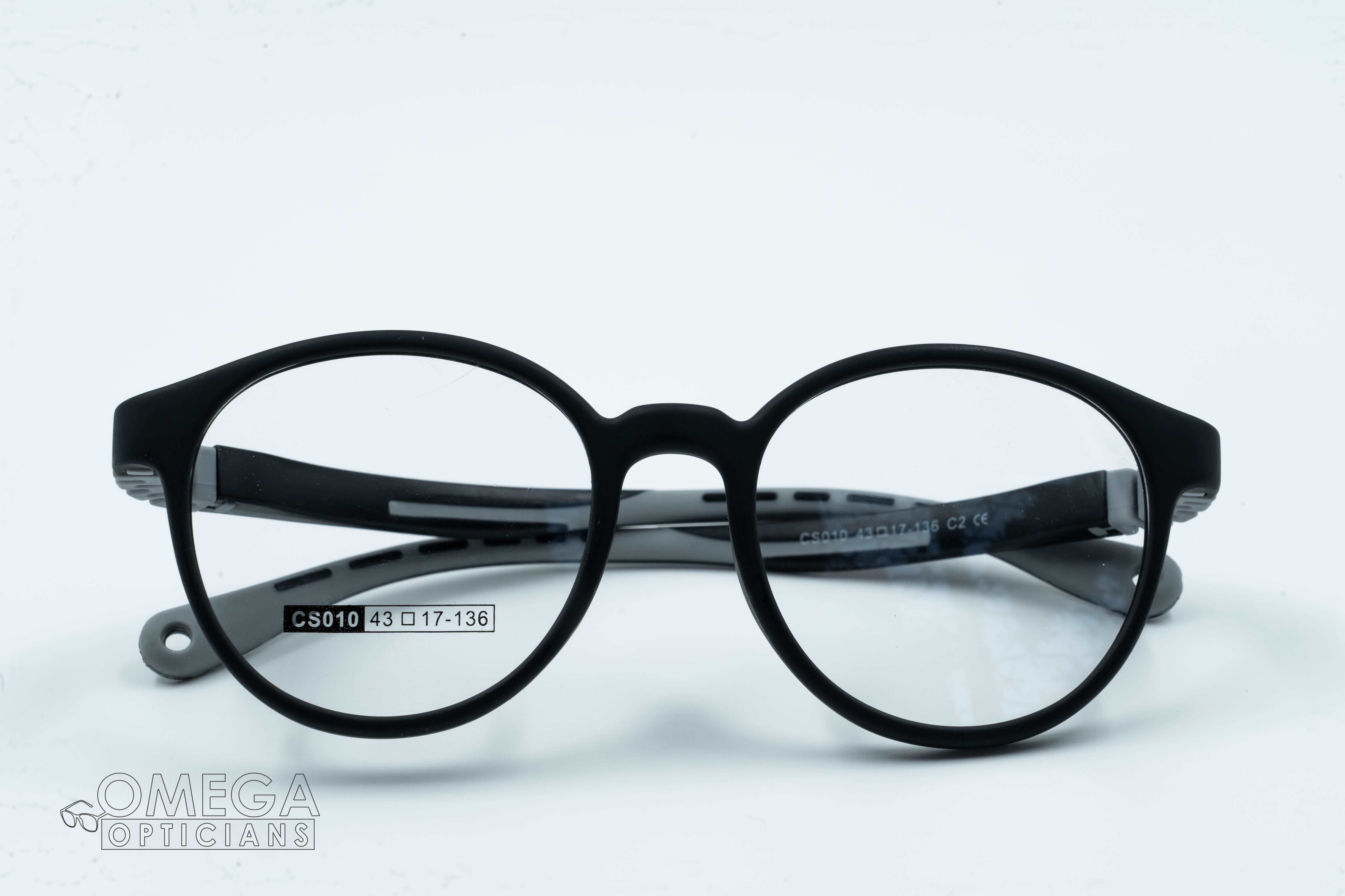 Round, matte black frame