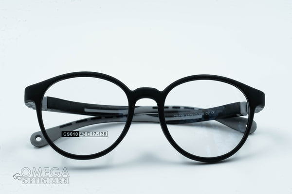 Round, matte black frame