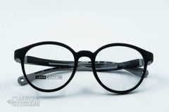 Round, matte black frame