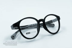 Round, matte black frame