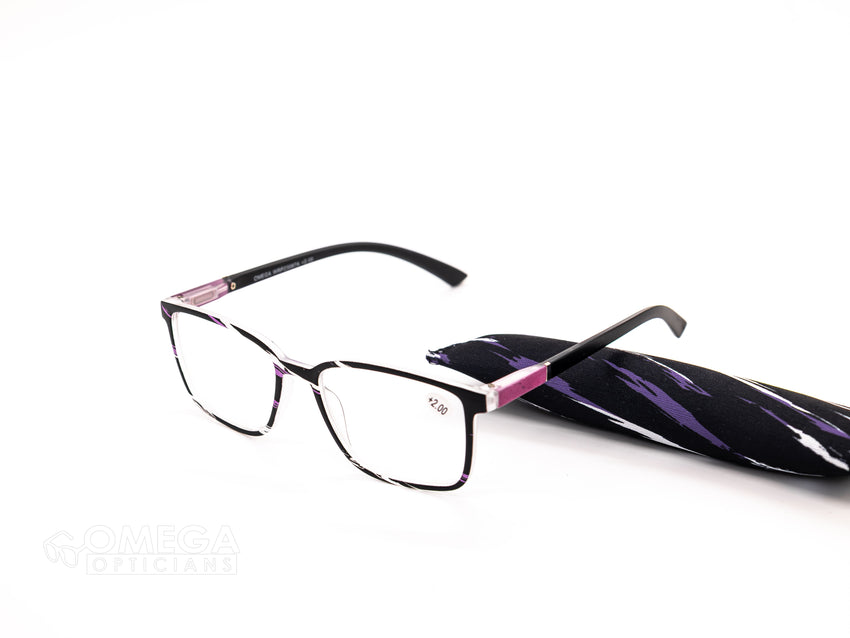 Classic Black & Purple Rectangular Reading Glasses (+2.00)